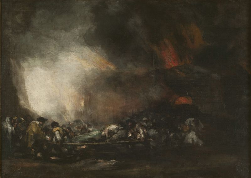Escena histórica de un hospital envuelto en llamas, óleo sobre lienzo de Francisco de Goya