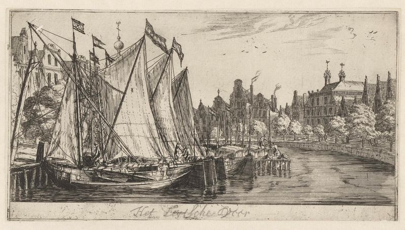 Grabado de Reinier Nooms que representa un paisaje fluvial con un pueblo y barcos