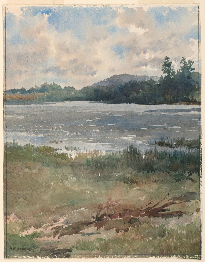 Lakeside landscape oil painting by Arnold William Brunner, featuring gentle ripples and distant trees