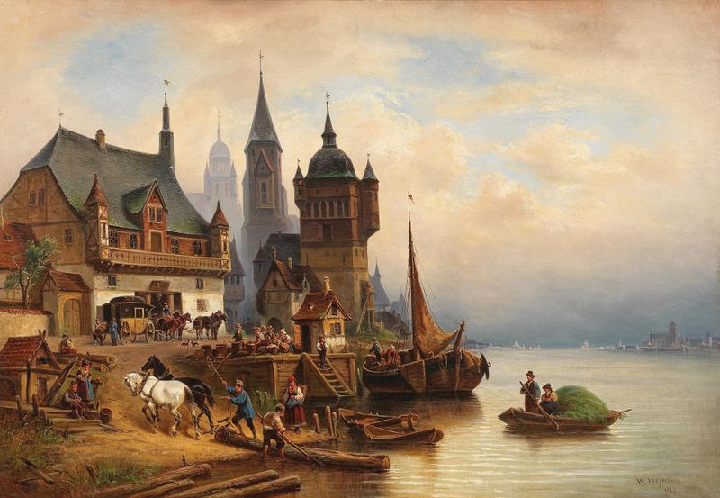 Postkutsche im Pommerschen Hafen, oil on canvas by Wilhelm Alexander Meyerheim