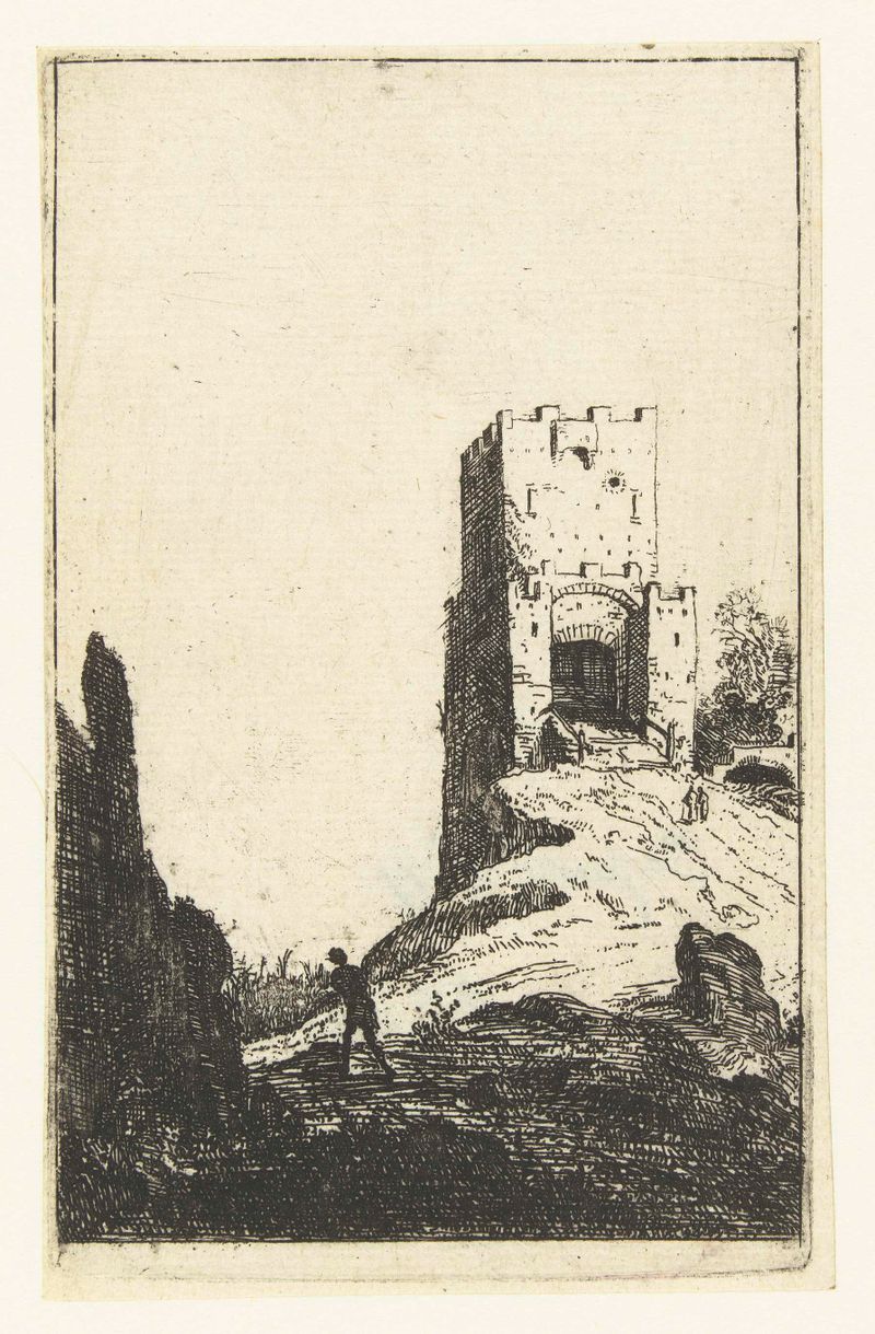 Ponte Mammolo te Rome, gravura de artista desconhecido, apresentando uma ponte e paisagem.