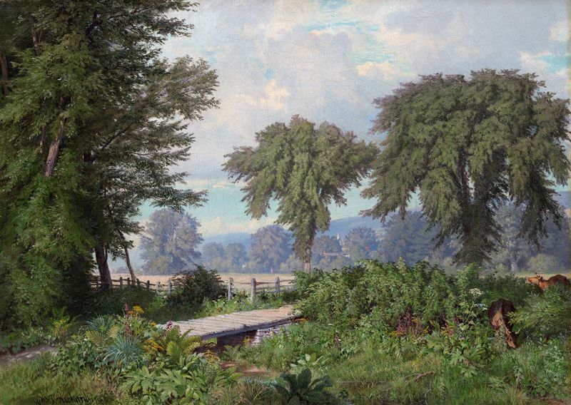 Paisaje de William Trost Richards, óleo que muestra colinas y luz dorada.