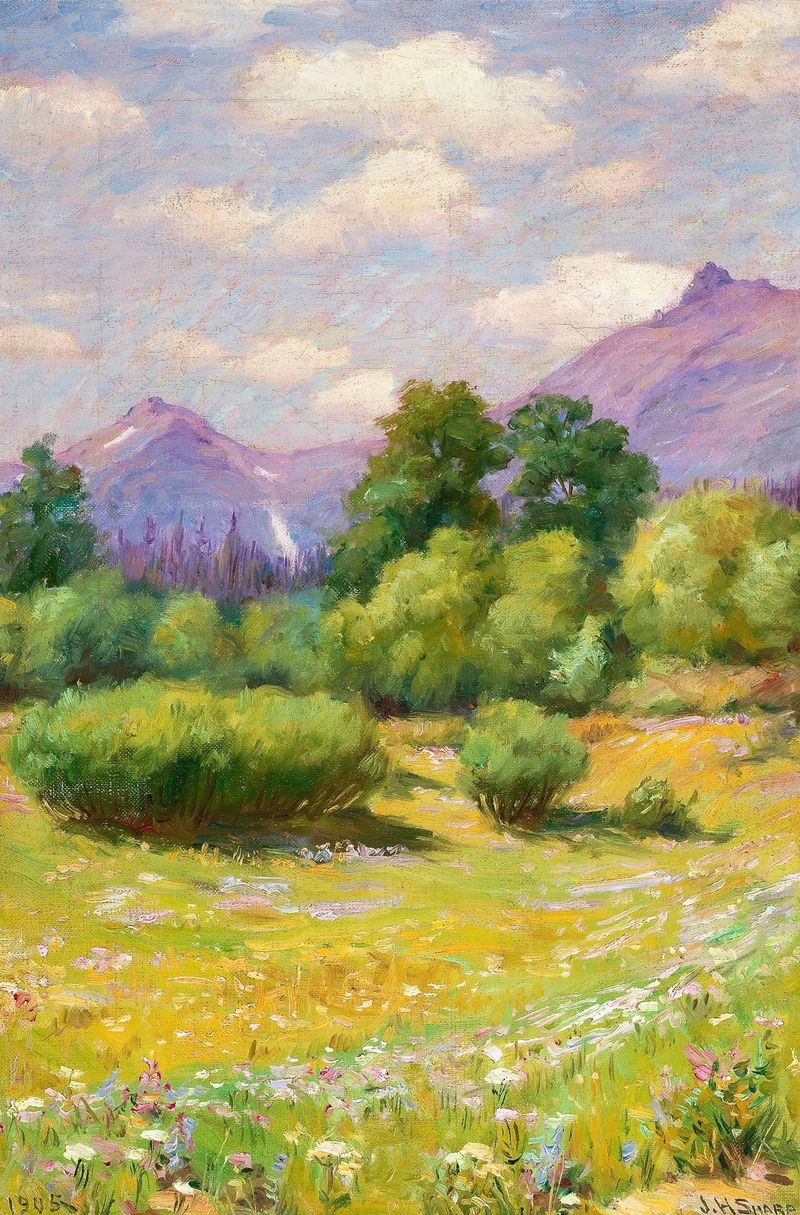 Landscape of Glacier by Joseph Henry Sharp, oil painting depicting a glacier and sky.