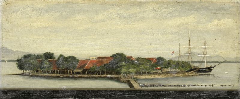 Paisagem da ilha Kuiper na baía de Batavia, óleo sobre tela de Jacob Pieter Mercier