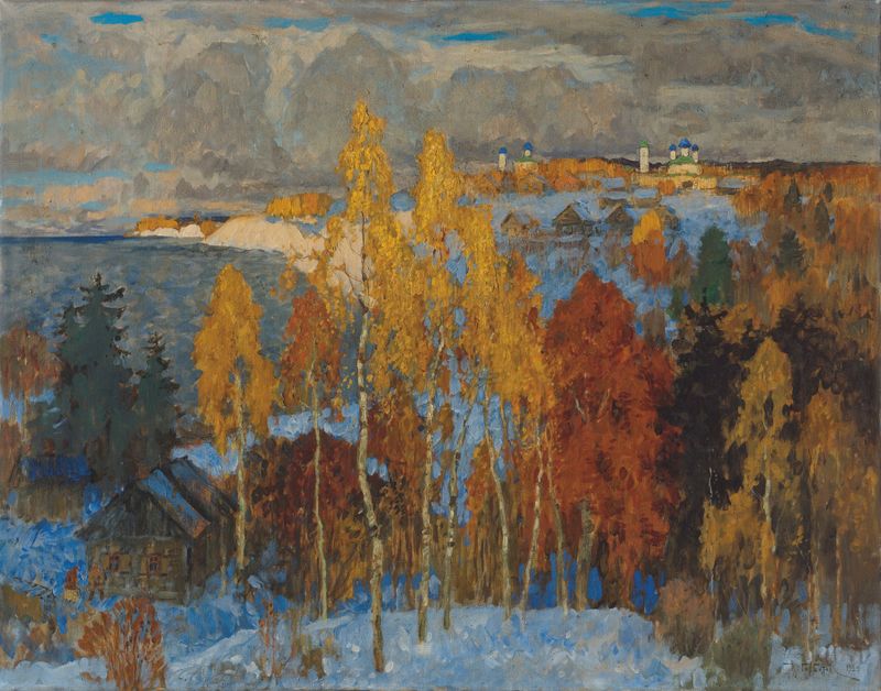 Golden Autumn by Konstantin Ivanovich Gorbatov, oil painting depicting a vibrant forest in autumn.
