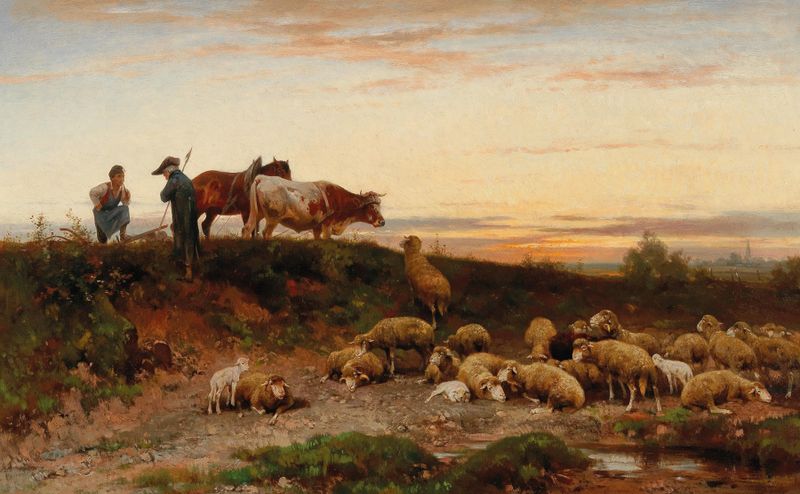 Evening Landscape de Ernst Adolph Meissner, óleo sobre lienzo que muestra una escena de crepúsculo con un cielo degradado.