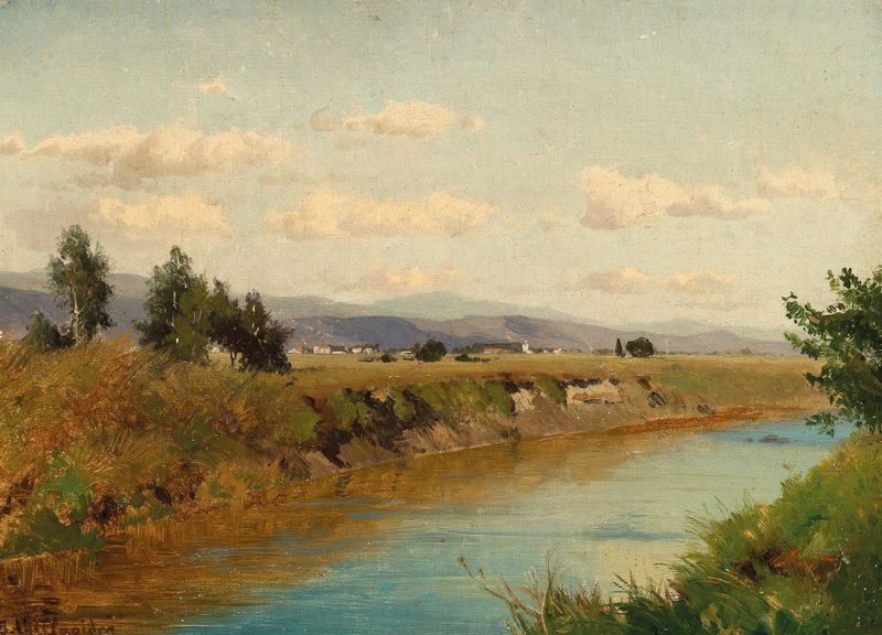A Summer Landscape with Stream, oil on canvas by Josef Willroider, featuring lush trees and a glistening stream.