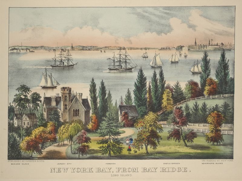 Litografía de Currier & Ives que muestra la Bahía de Nueva York con niebla y barcos distantes