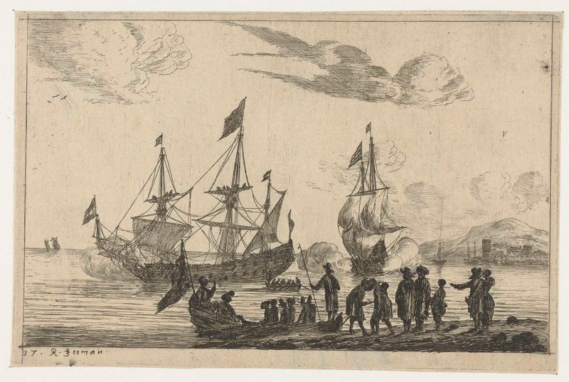 Havenscène met een spiegelsloep de Reinier Nooms, grabado que representa una escena de puerto con reflejos en el agua.