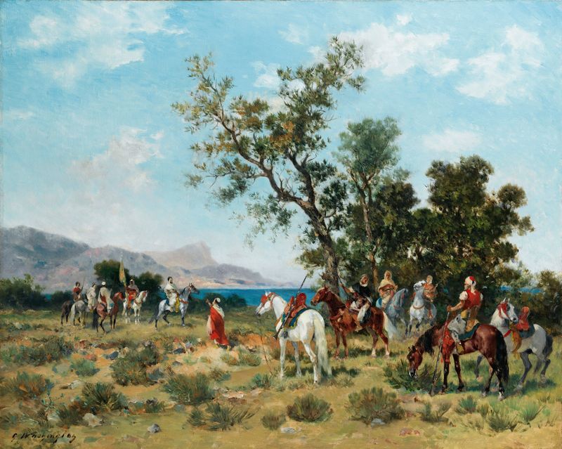 La Rencontre des Cavaliers by Georges Washington, oil painting depicting two riders on horseback.