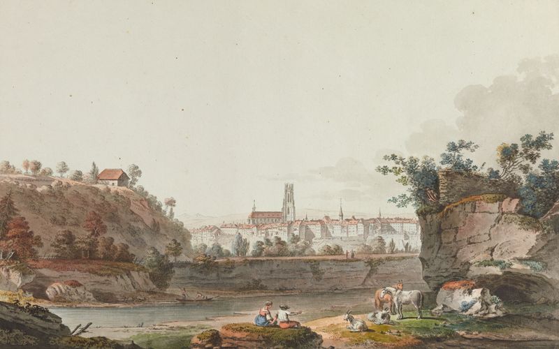 Vue de Fribourg et de la Sarine por Joseph Emmanuel Curty, pintura a óleo que retrata montanhas e um rio.