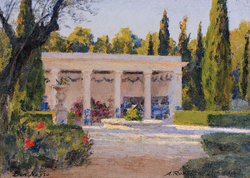 A loggia in a park with light filtering through, oil painting by Alexandre Roubtzoff