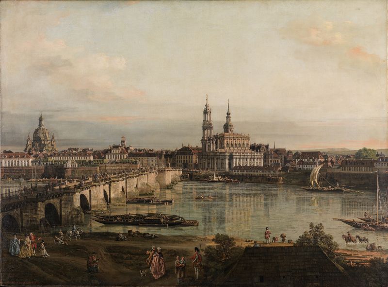 View of Dresden, oil on canvas by Bernardo Bellotto, featuring the Frauenkirche and river.