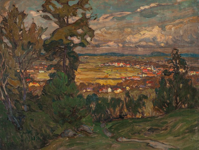 Landscape with a Village. Study from North Norway, oil painting by Anna Boberg, featuring a village in nature.