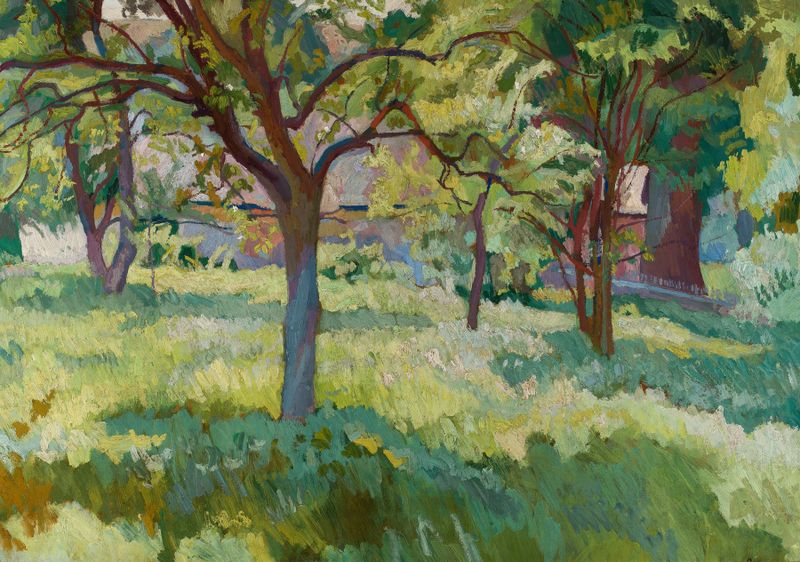 Orchard by Stanisław Kamocki, impressionism, depicting blossoms and sunlight