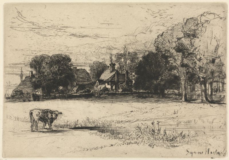 Cottages behind Horsley’s House, gravura de Francis Seymour Haden, apresentando cottages entre árvores.