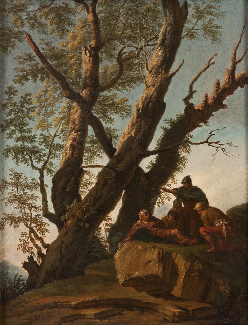 Landscape with Soldiers and Peasants by Andrea Locatelli, oil on canvas depicting soldiers and peasants.