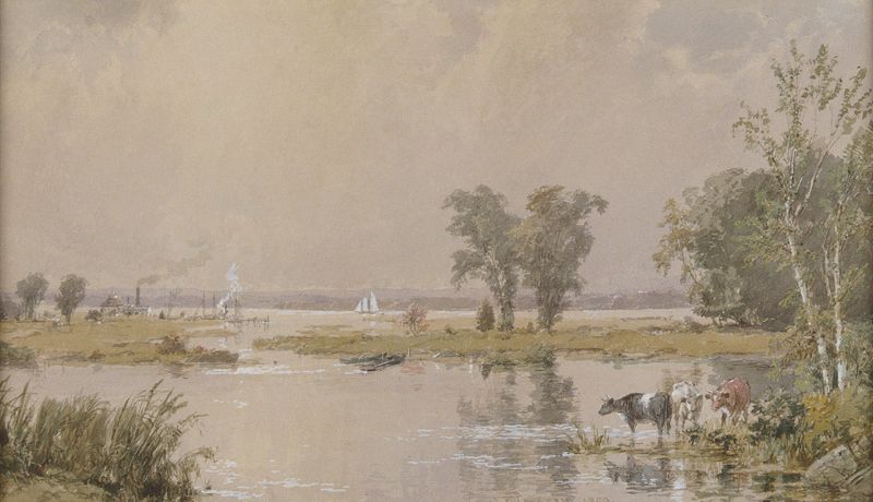 Hackensack Meadows de Jasper Francis Cropsey, pintura a óleo de uma paisagem serena com água e folhagem de outono.