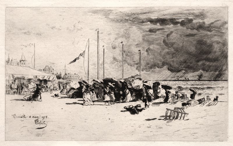 The Squall at Trouville, etching by Félix Hilaire Buhot, depicting a stormy sea and swirling clouds.