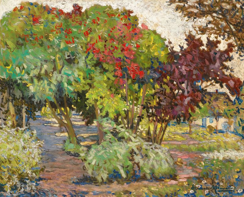 A Summer Garden In France, oil on canvas by Alexander Altmann, depicting a lively garden in summer.