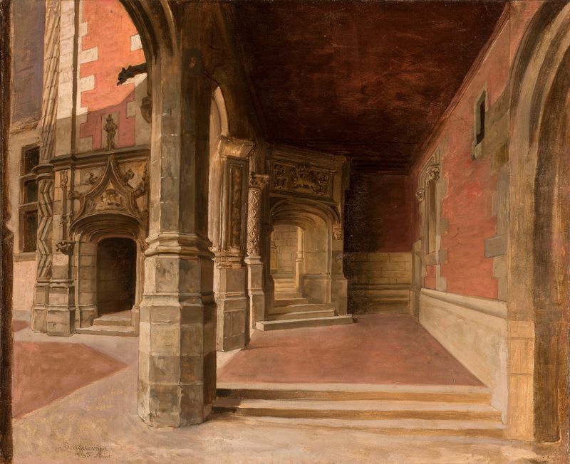 Cloister at the Blois Castle de Stefan Bakałowicz, óleo sobre tela representando arcos intrincados e luz.