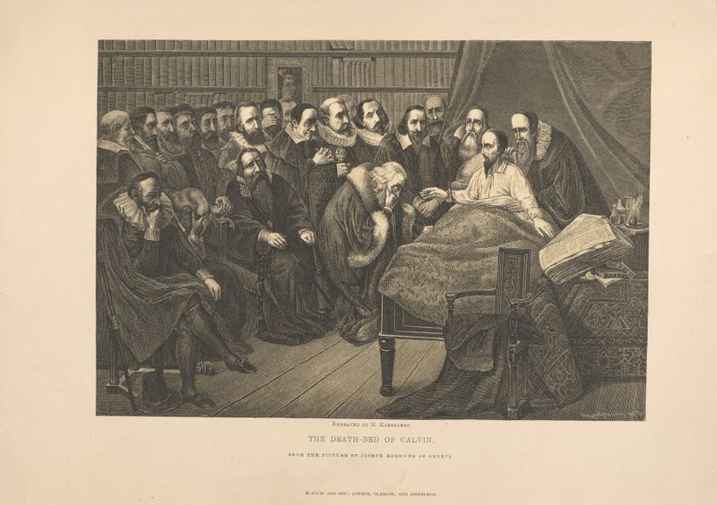 La Muerte de Calvin de Theodor Gsell Fels, óleo que representa una escena sombría de luto.