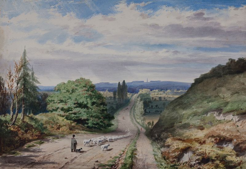 Paisagem com horizonte e suaves azuis, tons dourados de Elijah Walton