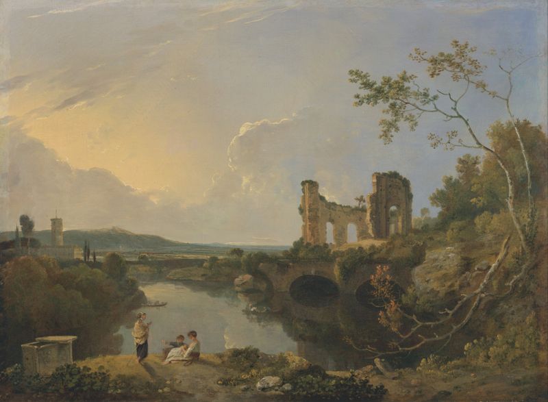 Italian Landscape (Morning) by Richard Wilson, oil on canvas depicting a serene sunrise over hills.
