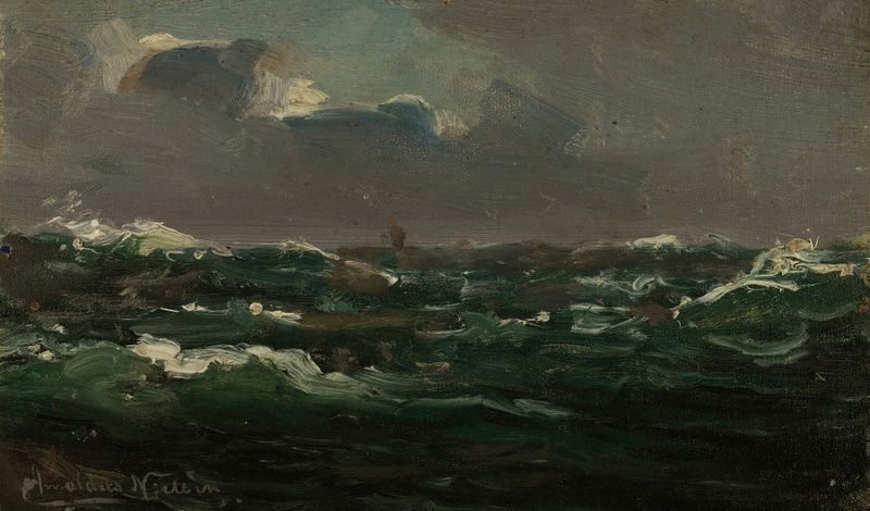 Paisaje con un lago y follaje exuberante, pintura al óleo de Amaldus Nielsen