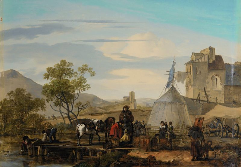 Cena histórica com soldados em um acampamento, óleo sobre tela de Marc-Antoine-Michel-Hamon Duplessis