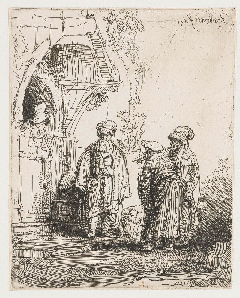 Três figuras orientais gravura de Rembrandt van Rijn, com figuras iluminadas em uma cena dramática