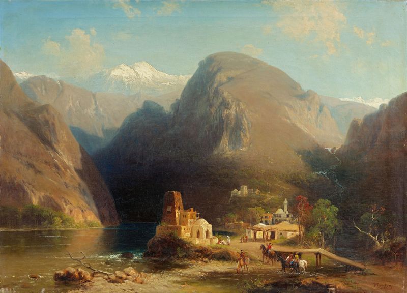 Landschaft im Kaukasus by Paul von Franken, oil on canvas depicting mountains and a vibrant sky.