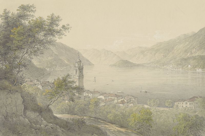 Lake Como landscape with village, oil on canvas by Karoly Lajos Libay
