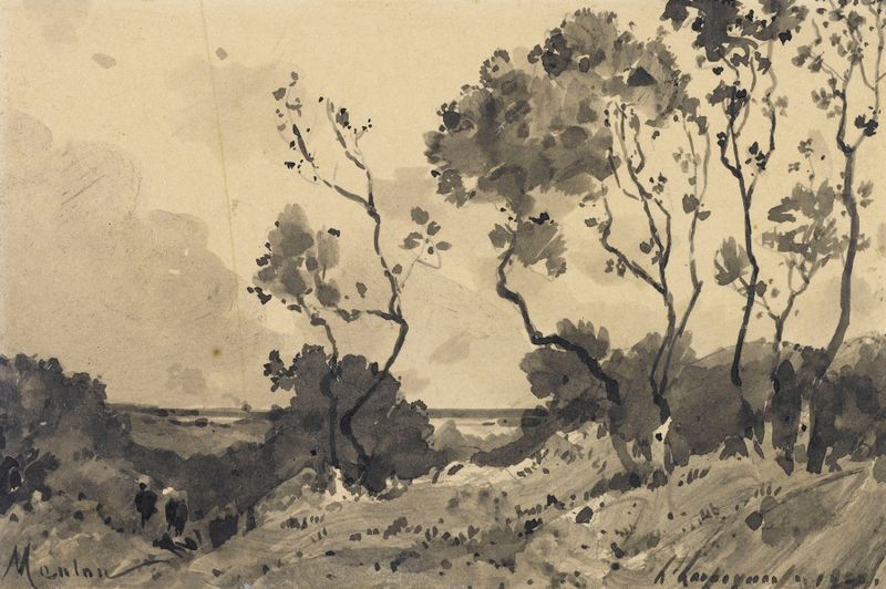 Vue de Menton de Henri-Joseph Harpignies, pintura al óleo que representa un paisaje costero sereno.