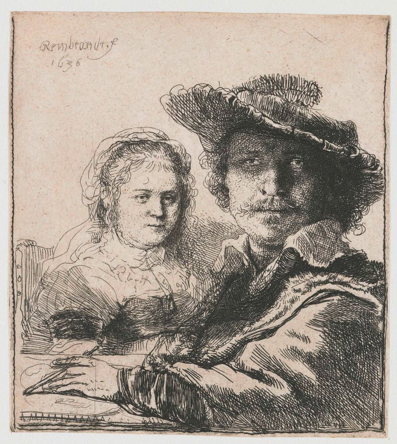 Autorretrato com Saskia de Rembrandt van Rijn, gravura que retrata o artista em traje.