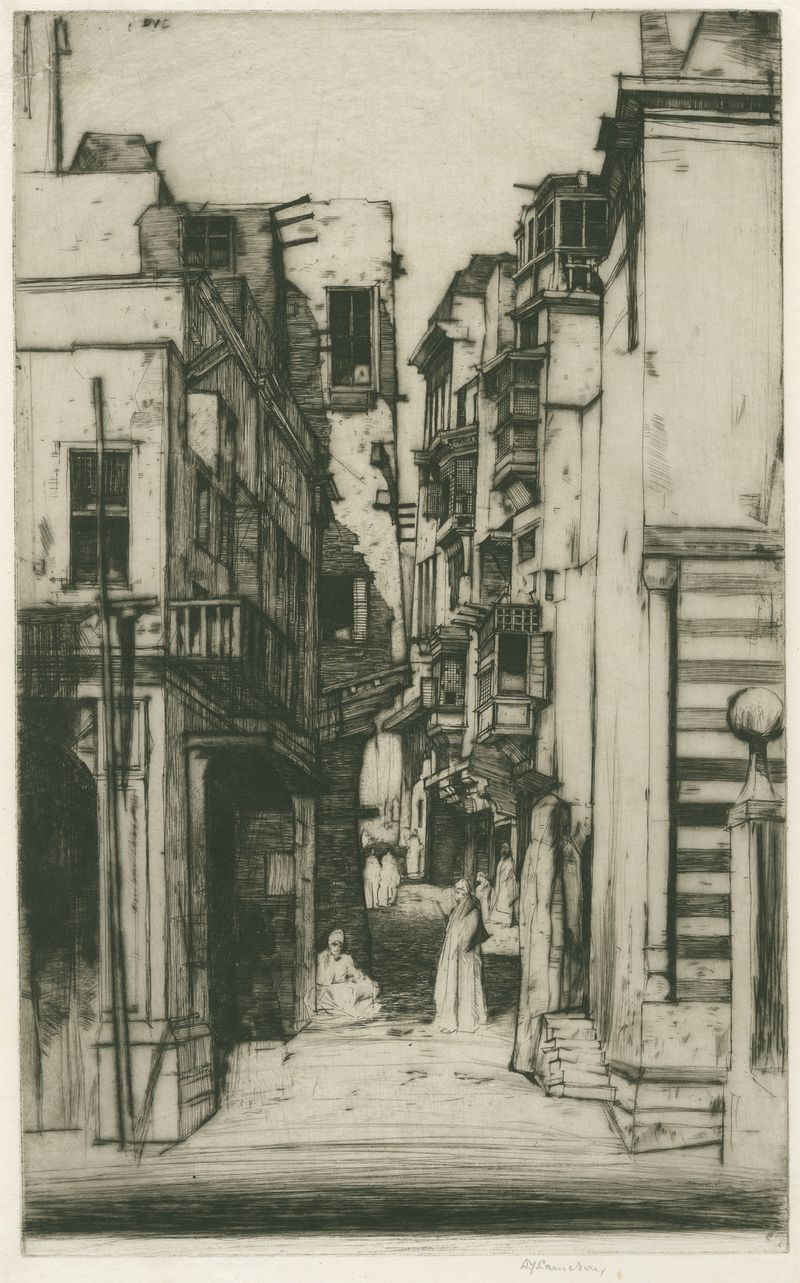 Street in Cairo de David Young Cameron, aquarela sobre papel que retrata edifícios iluminados e sombras.
