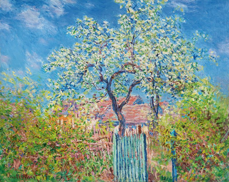 Poirier En Fleurs de Claude Monet, pintura a óleo representando flores brancas e folhagem verde.