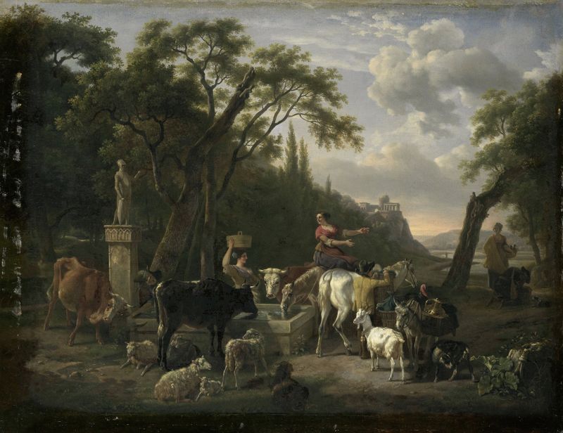 Italian Landscape with Shepherds and Animals at a Fountain, oil painting by Jean-Louis Demarne
