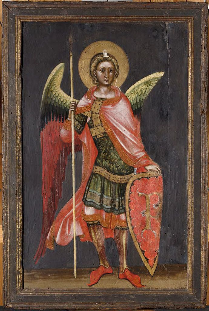 Armed Angel by Guariento di Arpo, tempera on panel, depicting a gold angel with intricate wings