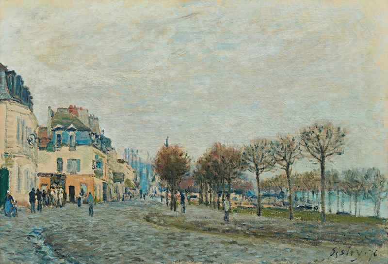 Port-Marly avant l’inondation de Alfred Sisley, pintura al óleo que representa un paisaje sereno de río