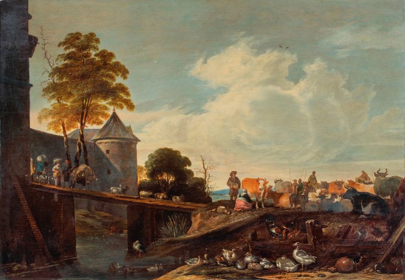 A cattle market scene with figures and animals crossing a bridge, by Cornelis Saftleven, medium unknown.