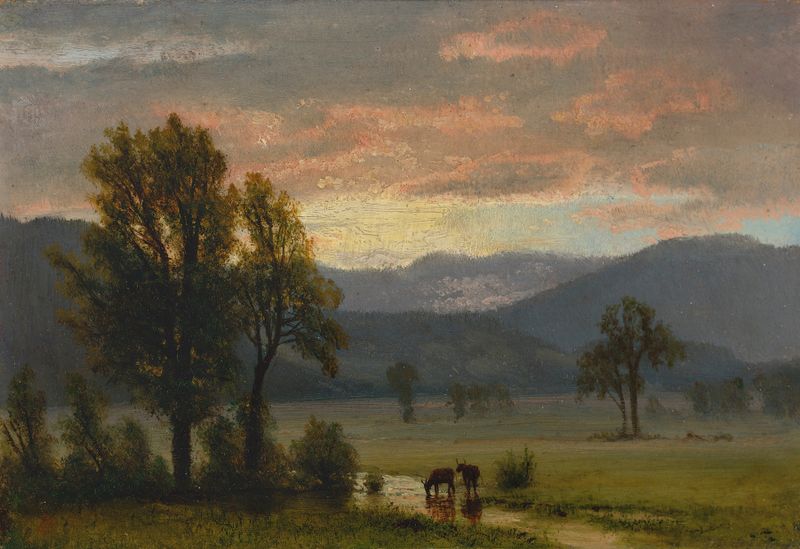 Landscape With Cattle, óleo sobre lienzo de Albert Bierstadt, que representa ganado en un paisaje exuberante.