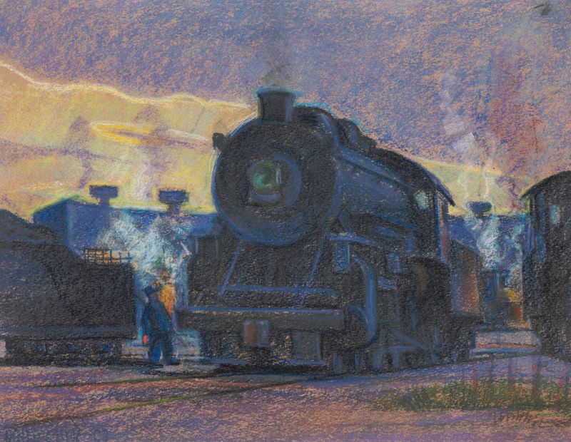 Twilight of Steam by James C. Kulhanek, depicting steam engines against a vibrant twilight sky.