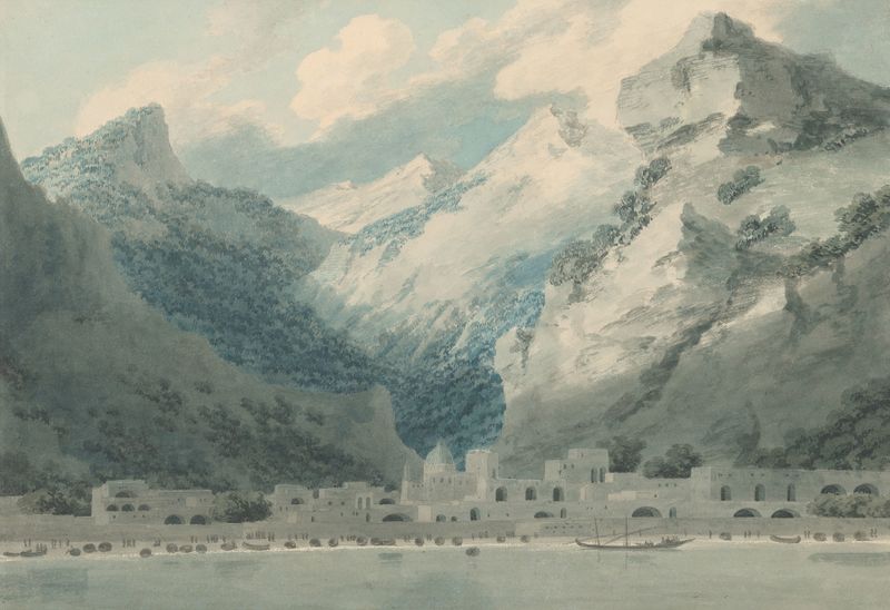 Watercolour by John Robert Cozens depicting a coastal village by the Gulf of Salerno