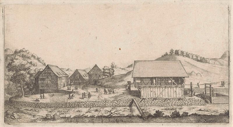 Grabado de Wenceslaus Hollar que representa un molino de agua junto a un arroyo bajo un cielo tenue