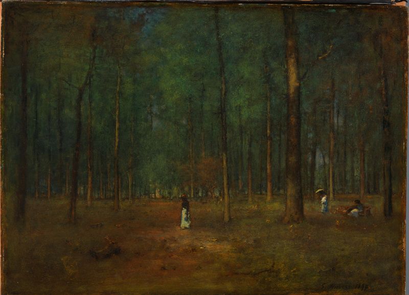 Georgia Pines de George Inness, óleo de altos pinos bajo un cielo crepuscular.