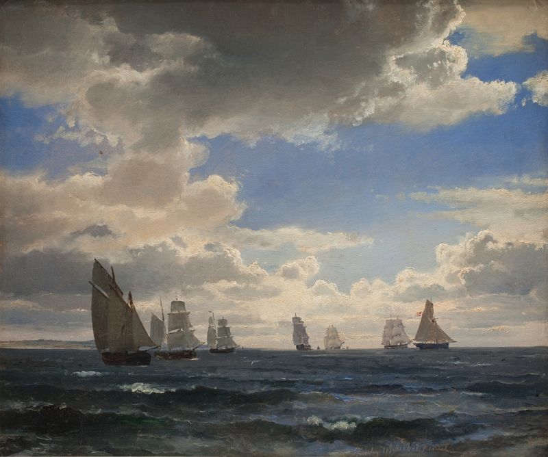 Sailing Ships in the Sound south of Kronborg by Carl Frederik Sørensen, oil painting depicting ships on water