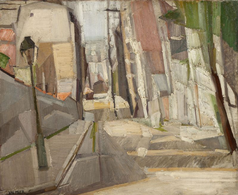 La rue au réverbère, óleo sobre tela de Georges Valmier, apresentando um lampião e um caminho de paralelepípedos.