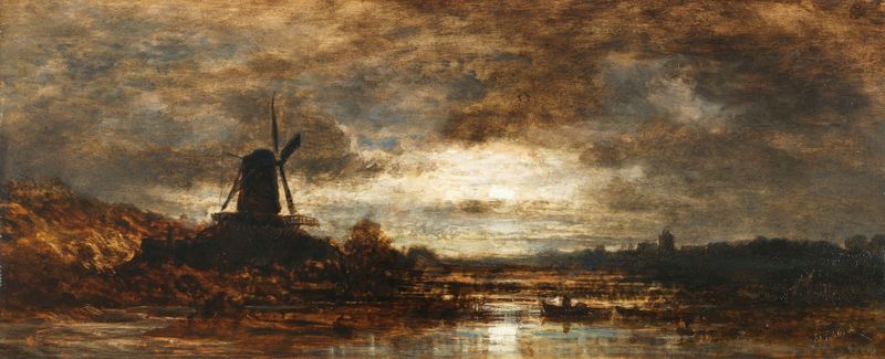 Moonlit landscape with a mill and river, oil on canvas by Eduard Schleich The Elder