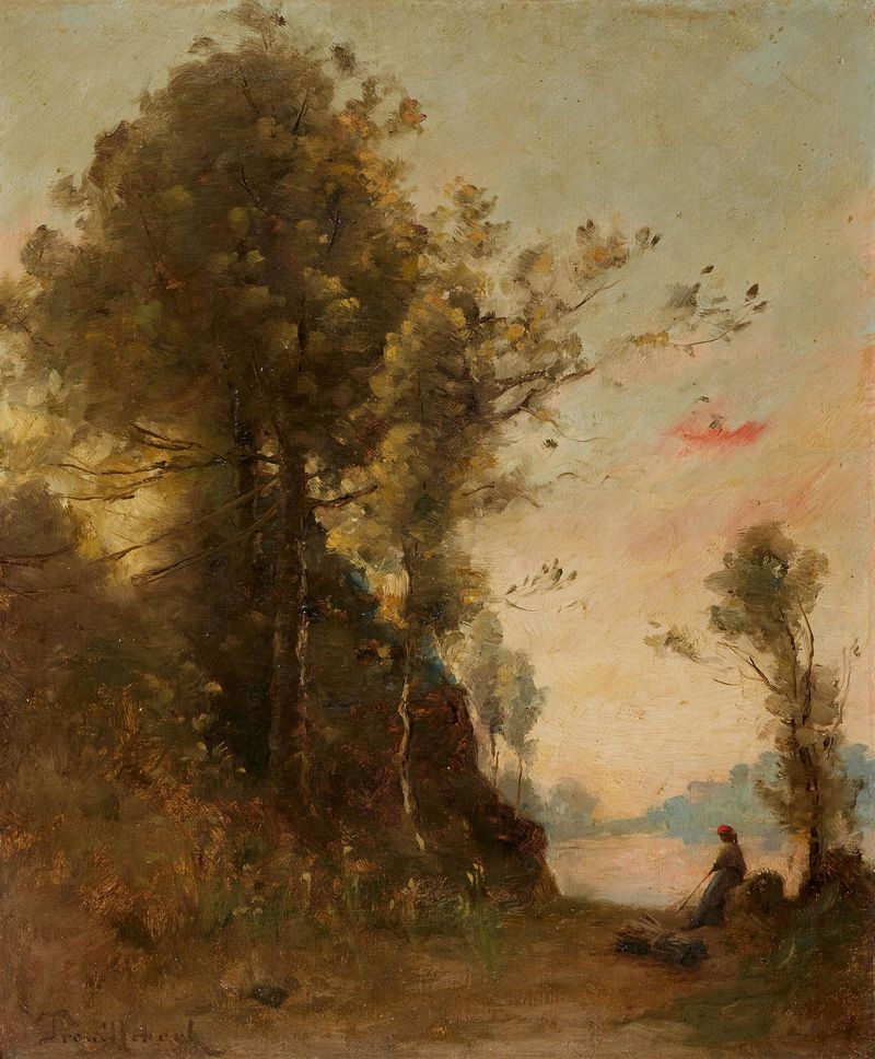 Landschaft mit Reisigsammlerin by Paul Désiré Trouillebert, oil on canvas depicting a woman gathering twigs in nature.
